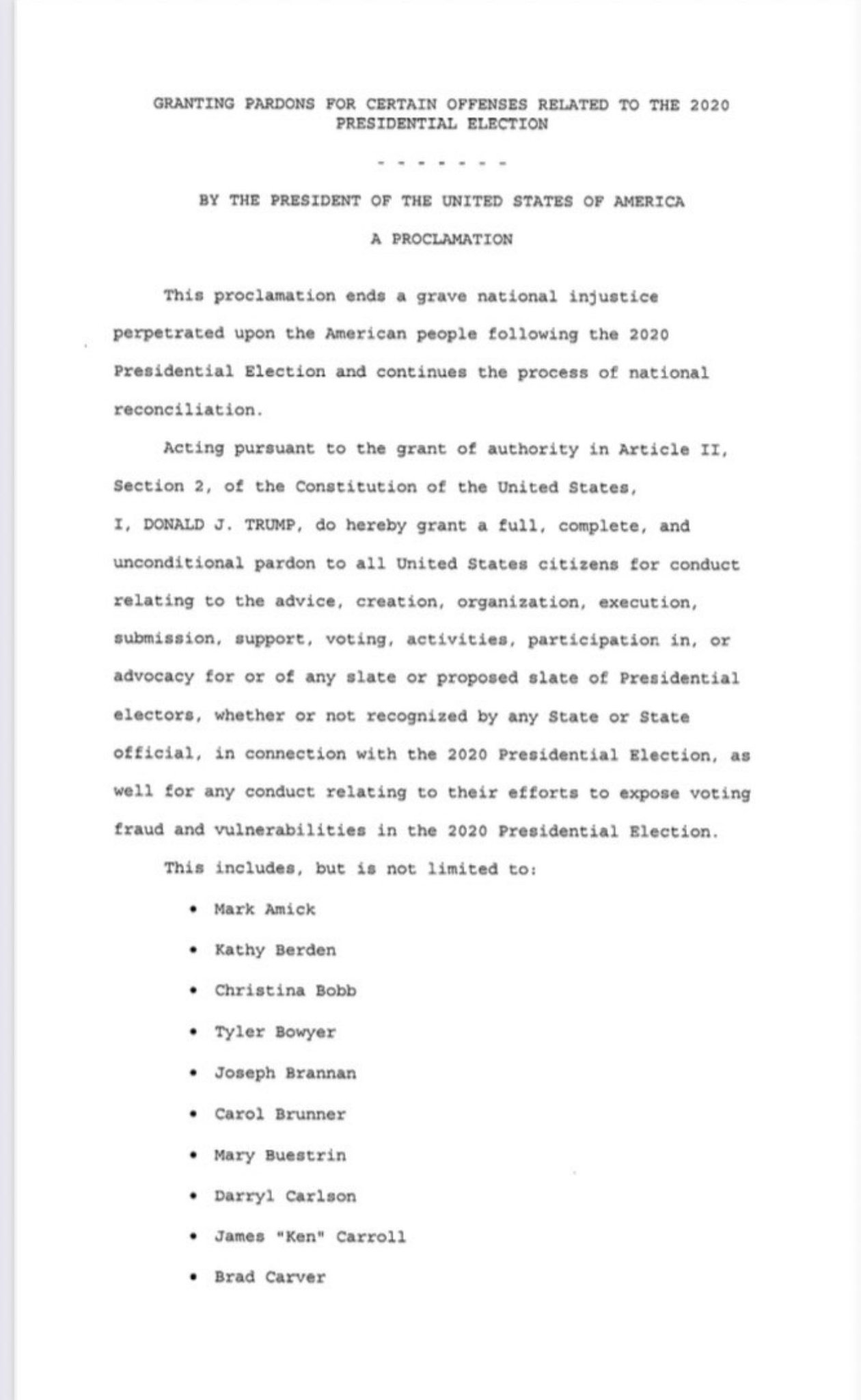 Trump Pardons Key Republican Operatives from 2020 Election