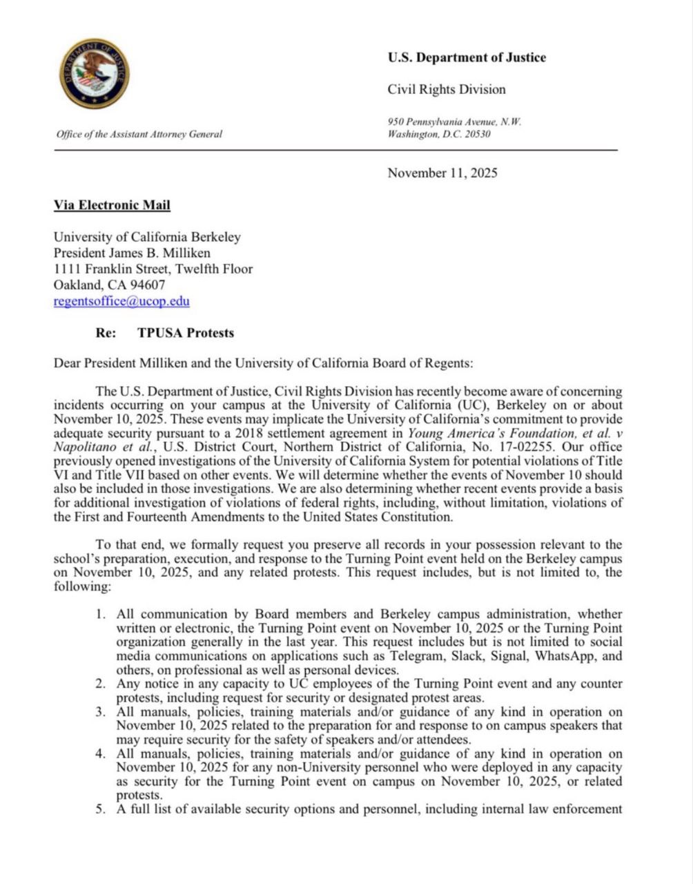Assistant AG Demands UC Berkeley Preserve Records on TPUSA Event Violence