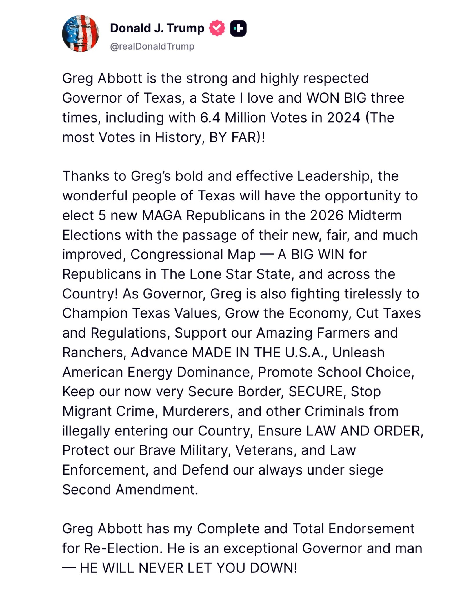 Trump Endorses Greg Abbott for Texas Governor Re-Election