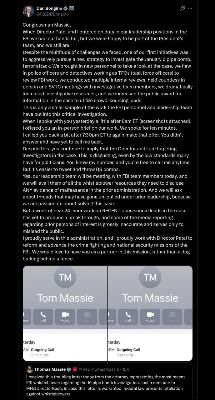 FBI's Bongino Responds to Rep. Massie on Jan. 6 Pipe Bomb Case