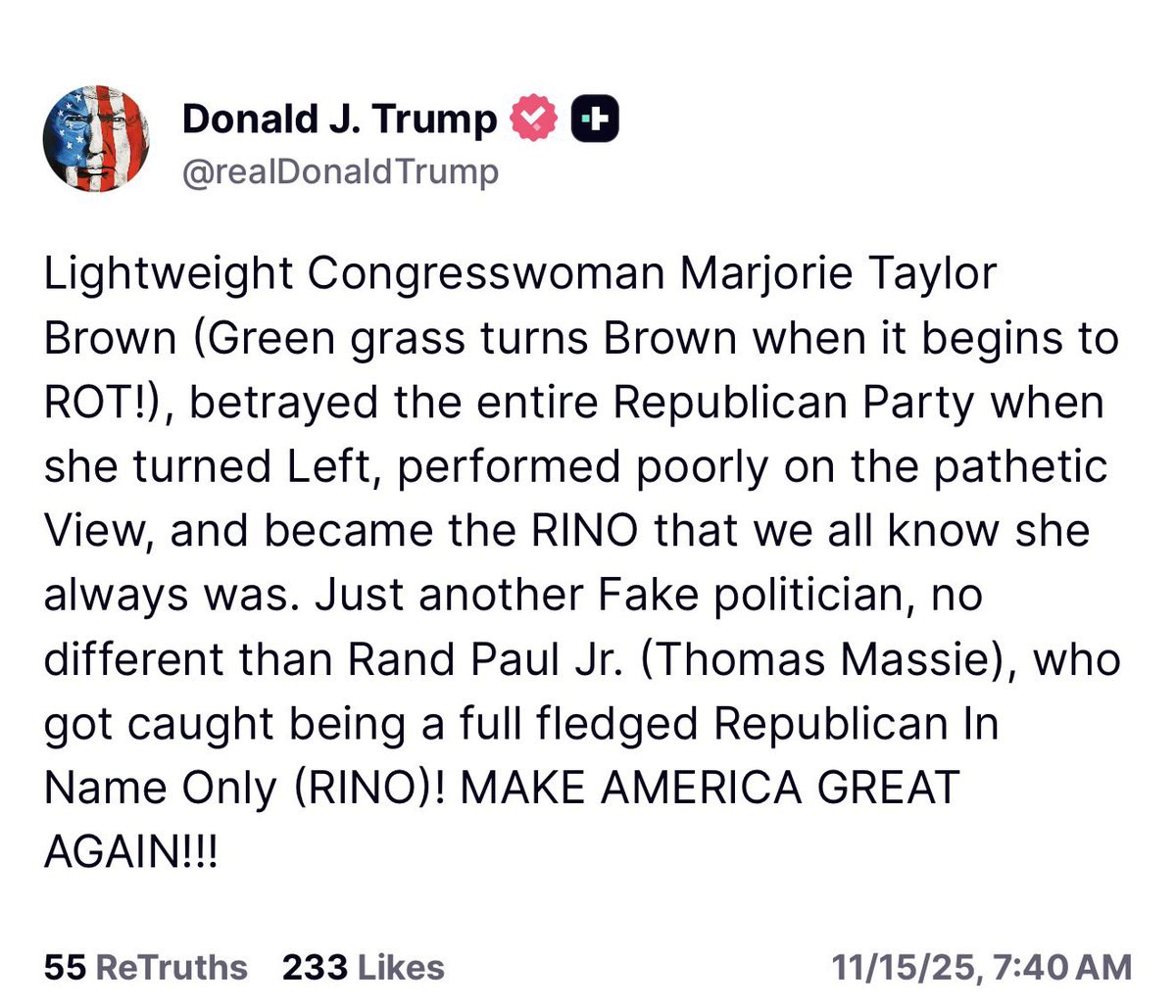 Trump Slams Marjorie Taylor Brown as Betrayer of Republican Party