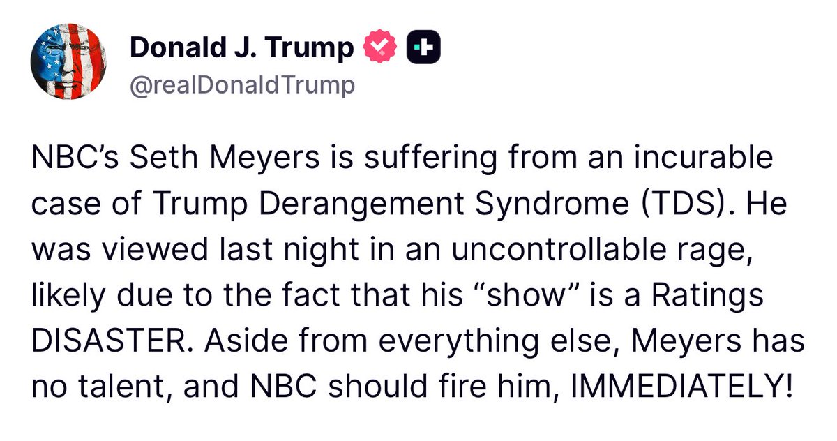 Trump Claims Seth Meyers Has "Massive" Trump Derangement Syndrome