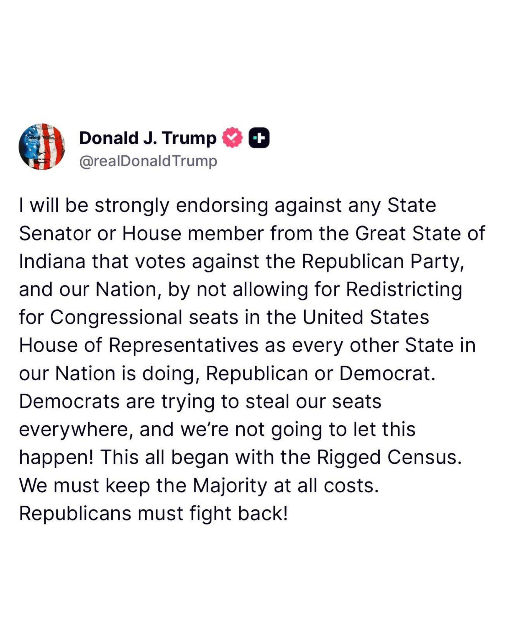 Trump Threatens Primary Challenges Over Indiana Redistricting Dispute