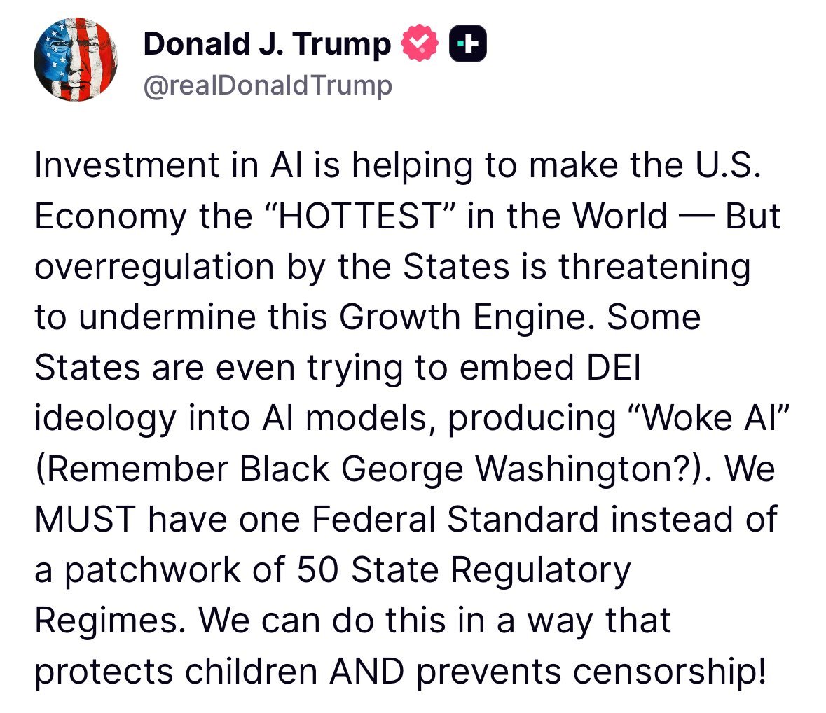 Trump Calls for Unified Federal Standard to Combat "Woke AI" Models