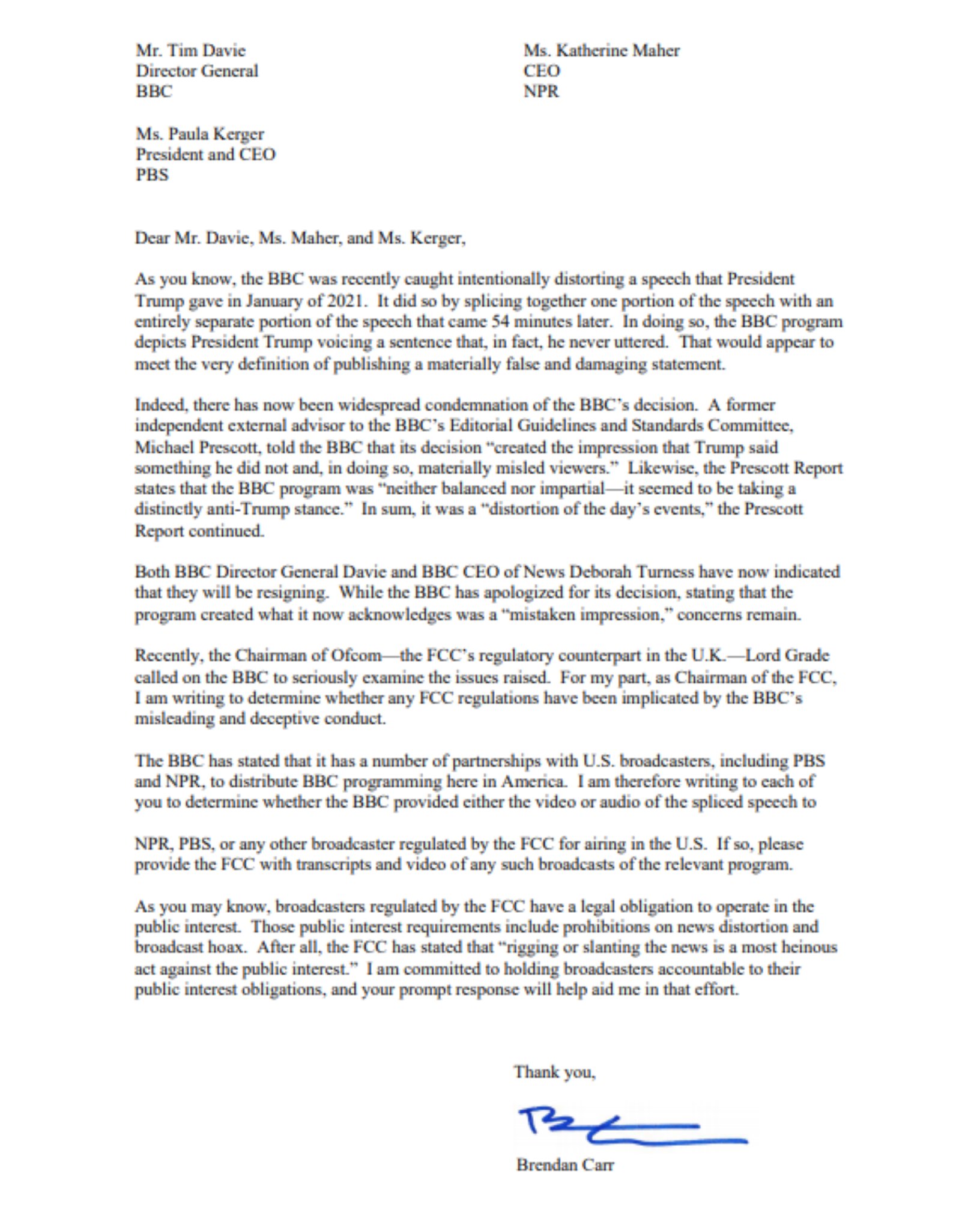 FCC Chair Brendan Carr Investigates BBC for Editing Trump's Jan. 6 Speech