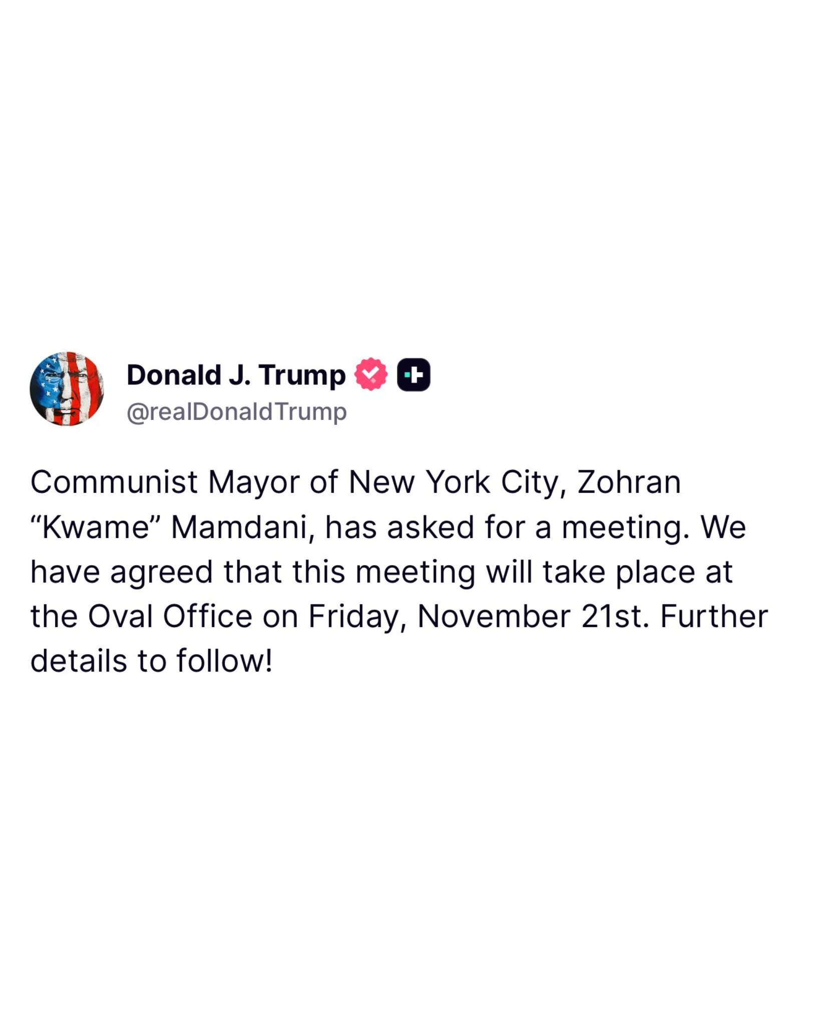 Trump to Meet with NYC Mayor Zohran Mamdani in Oval Office Friday