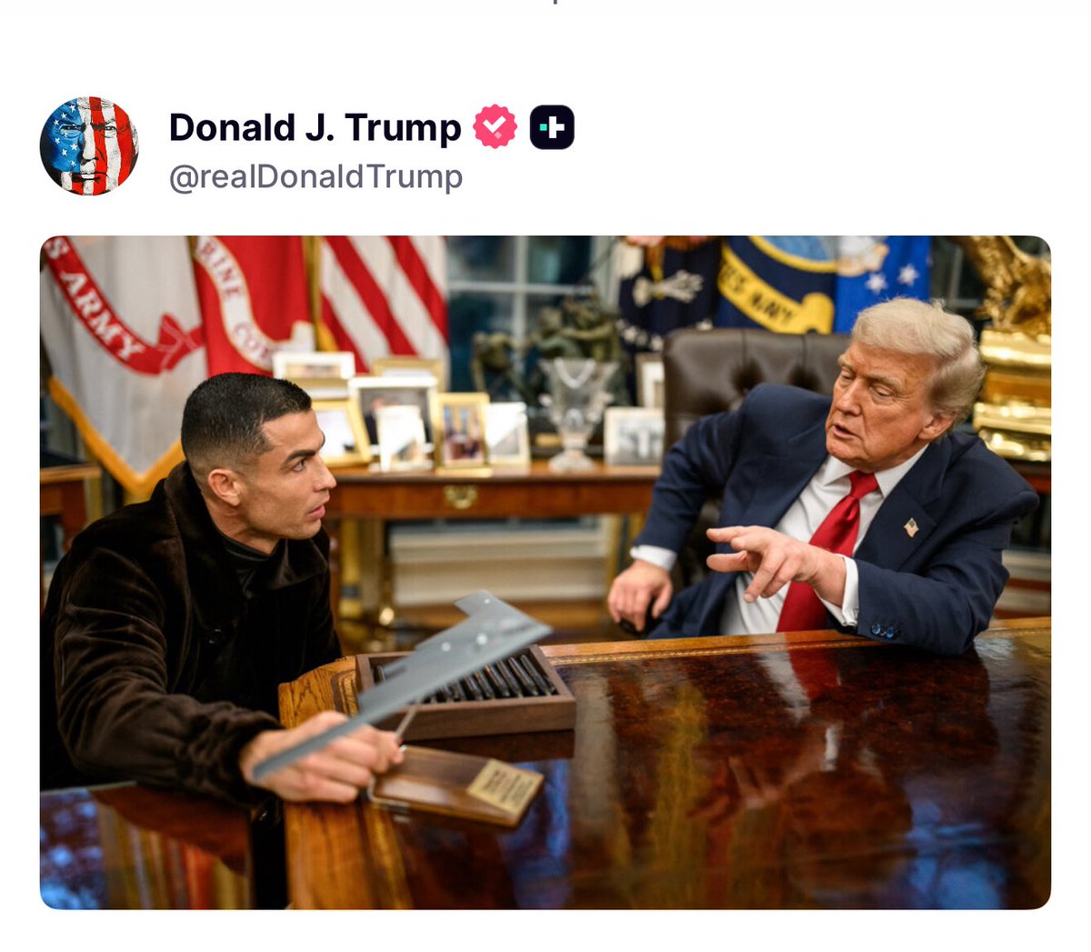 Trump Shares Photo with Ronaldo at Resolute Desk